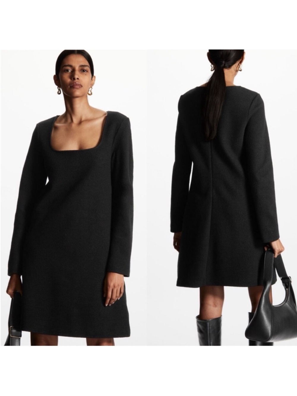 COS Wool Square Neck Structured Mini Dress in Black Small